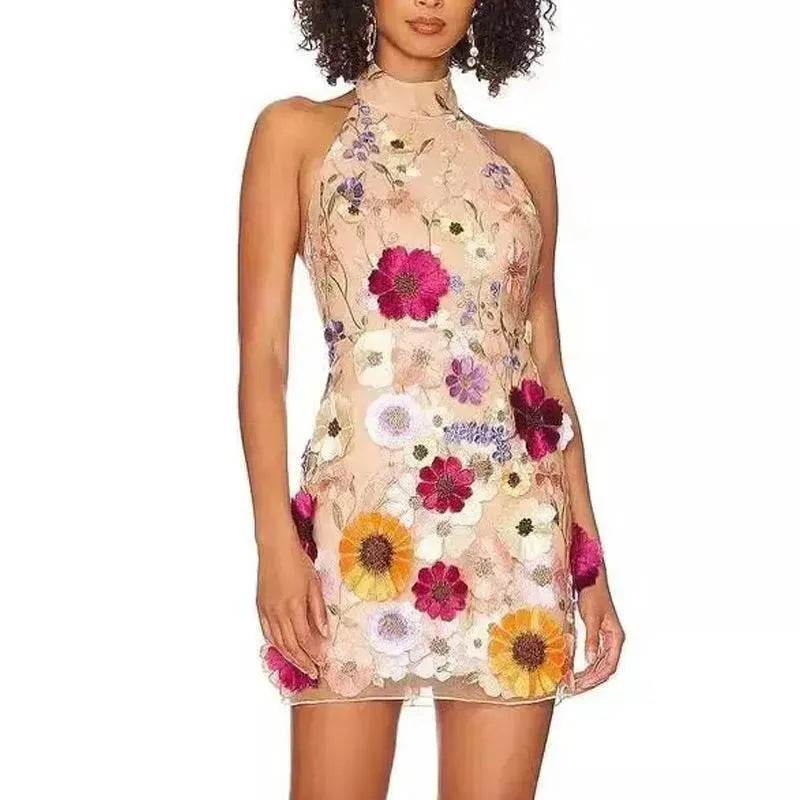 European And American Embroidery Three-dimensional Flower Halter Slim Fit Dress - EX-STOCK Canada