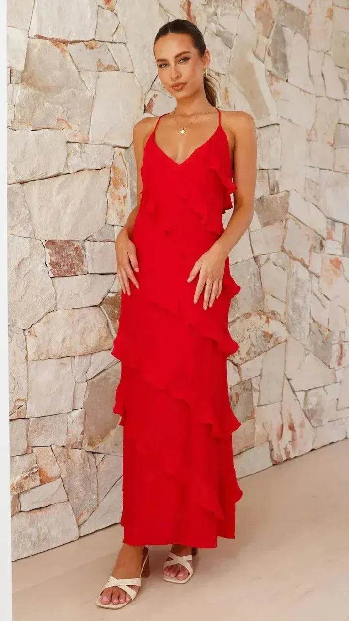 European And American Multi-layer Wooden Ear Backless Halter Party Long Dress - EX-STOCK Canada