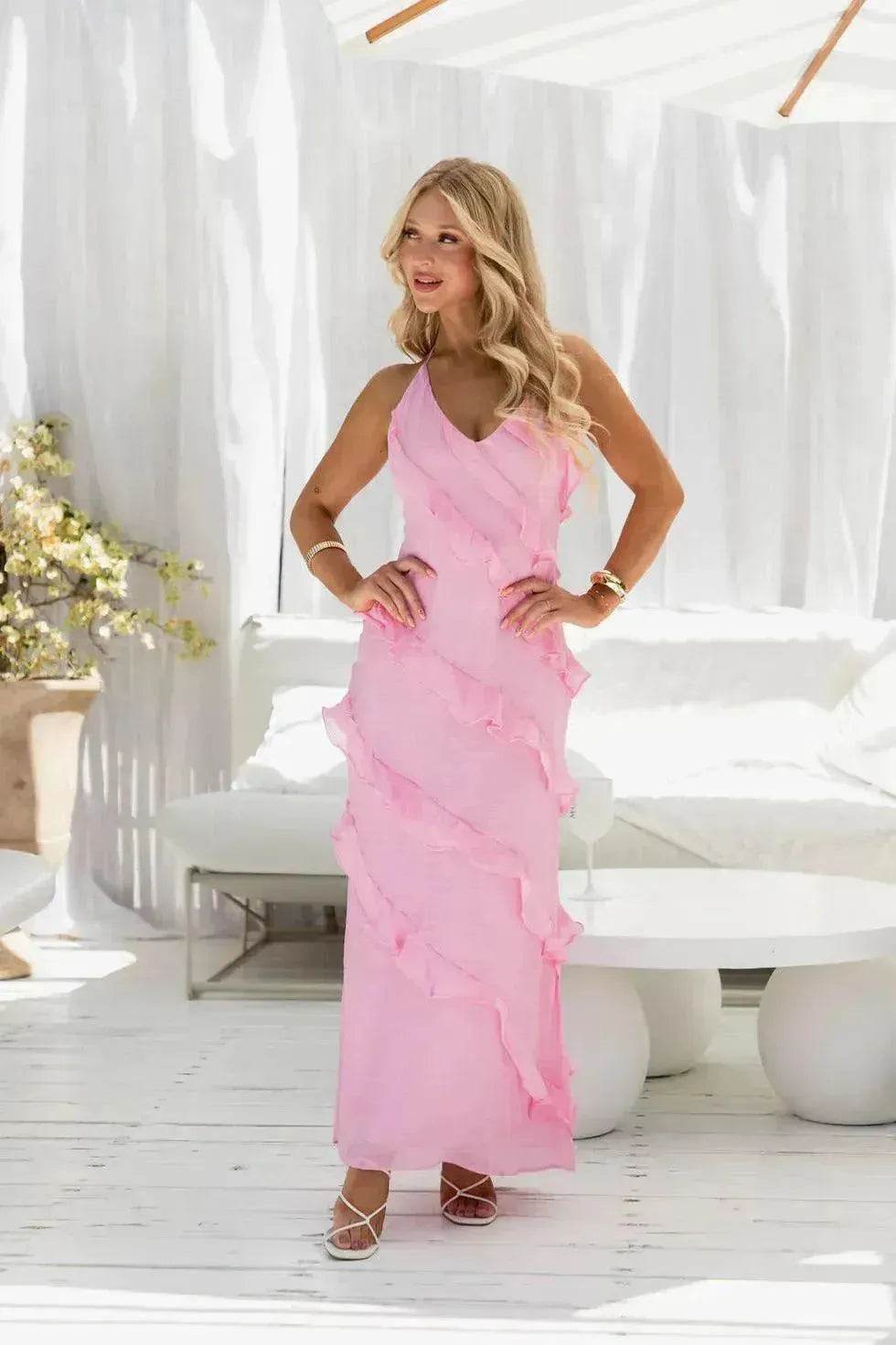 European And American Multi-layer Wooden Ear Backless Halter Party Long Dress - EX-STOCK Canada