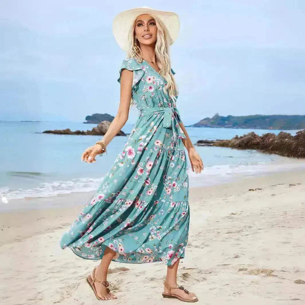European And American Printed Waist Girdling Band V-neck Dress Bohemian Holiday Beach Dress - EX-STOCK Canada