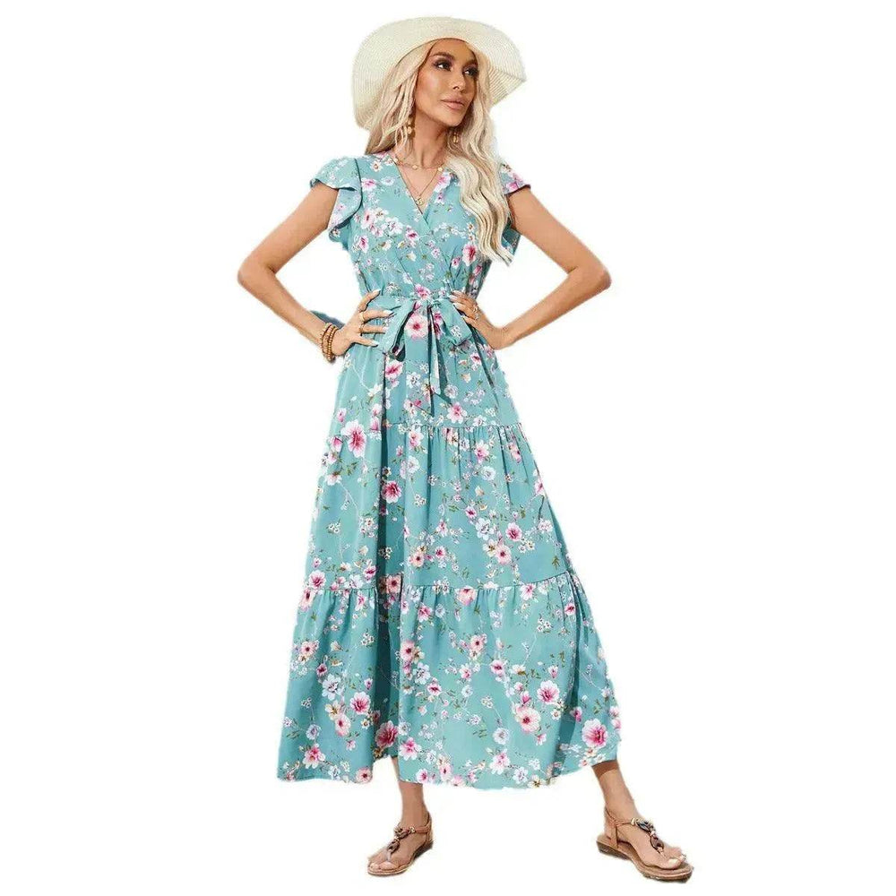 European And American Printed Waist Girdling Band V-neck Dress Bohemian Holiday Beach Dress - EX-STOCK Canada