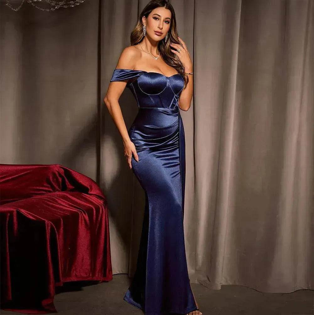 European And American Shoulder Wrap Chest High Waist Ribbon Slit Ball Gown - EX-STOCK Canada