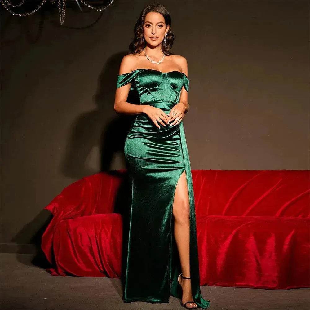 European And American Shoulder Wrap Chest High Waist Ribbon Slit Ball Gown - EX-STOCK Canada
