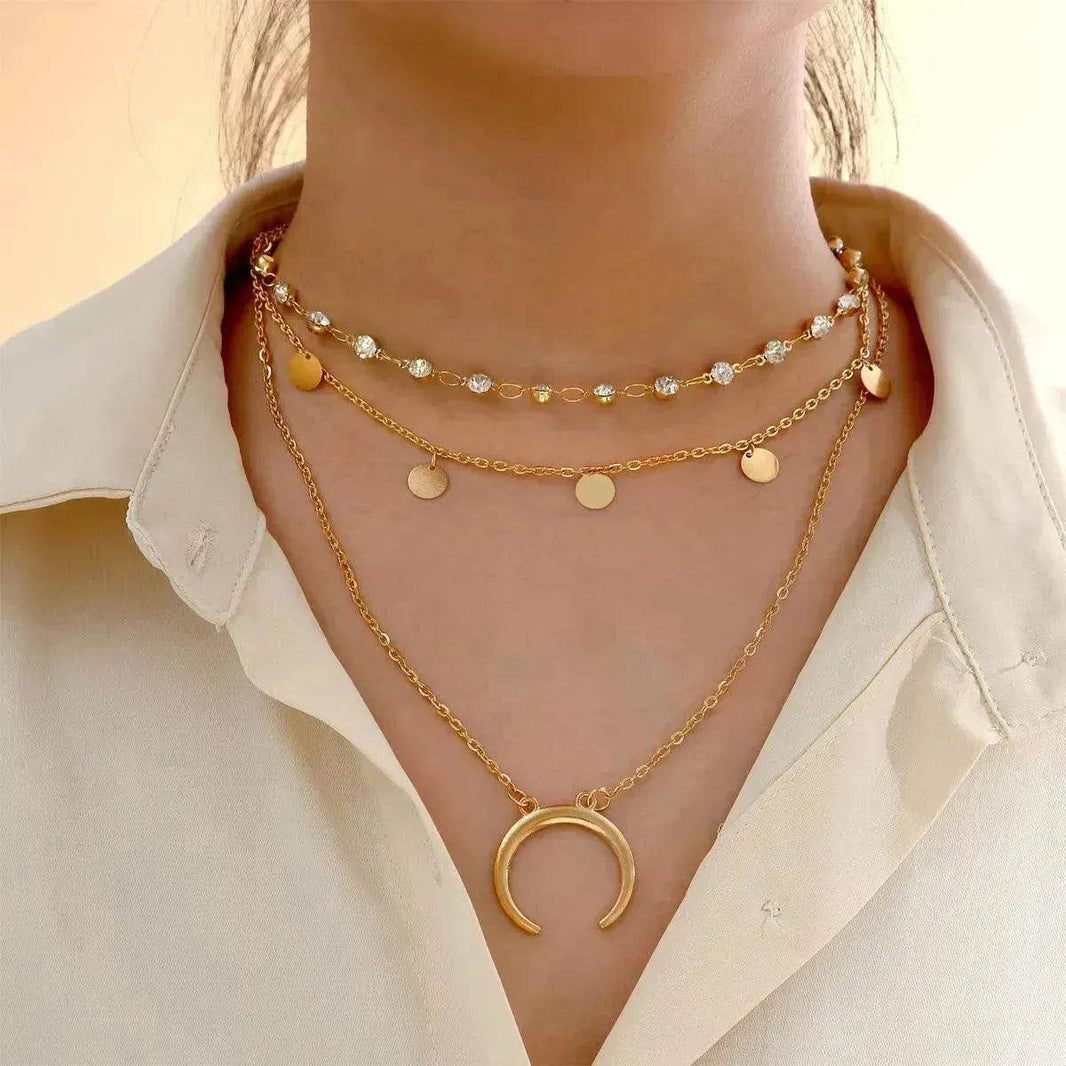 European And American Small Round Slice Tassel Moon Multi-layer Necklace - EX-STOCK Canada
