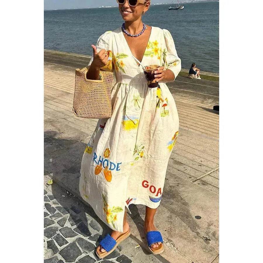 European And American Spring And Summer Casual Puff Sleeve Dress Loose Vacation Midi Dress - EX-STOCK Canada