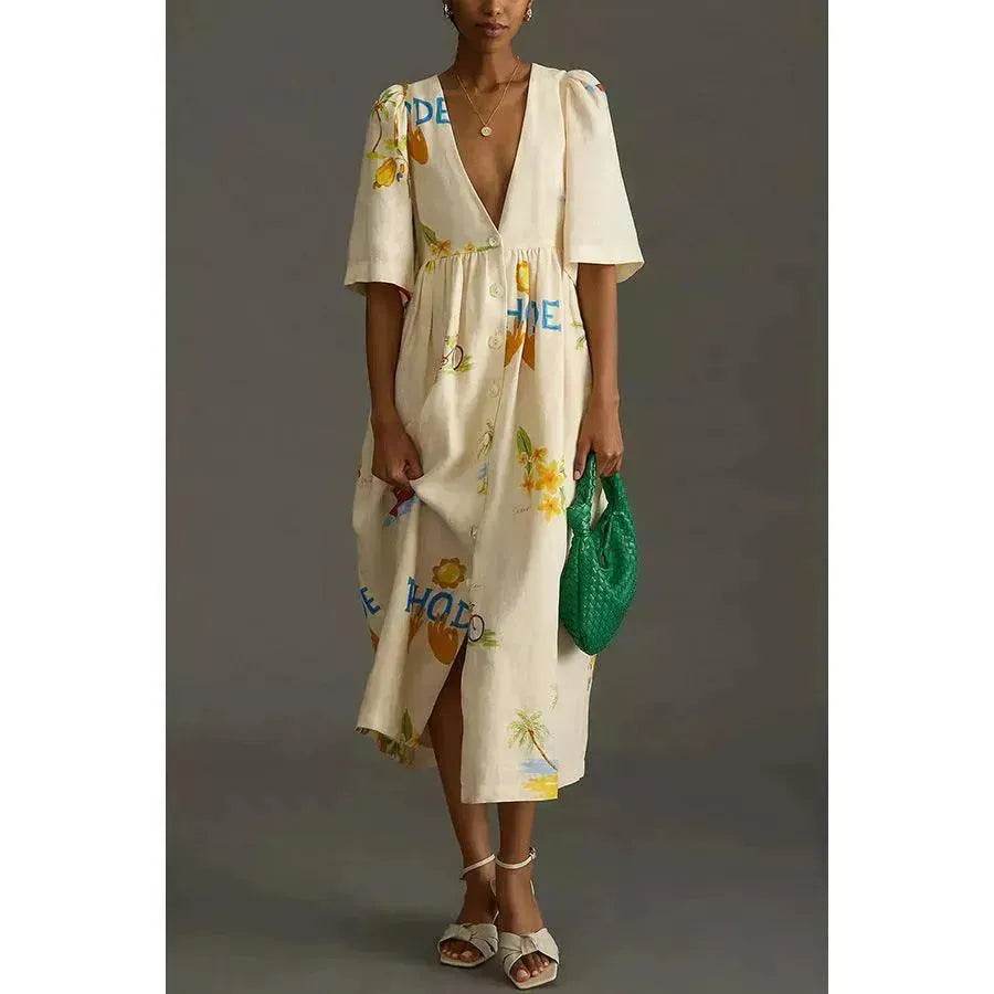 European And American Spring And Summer Casual Puff Sleeve Dress Loose Vacation Midi Dress - EX-STOCK Canada