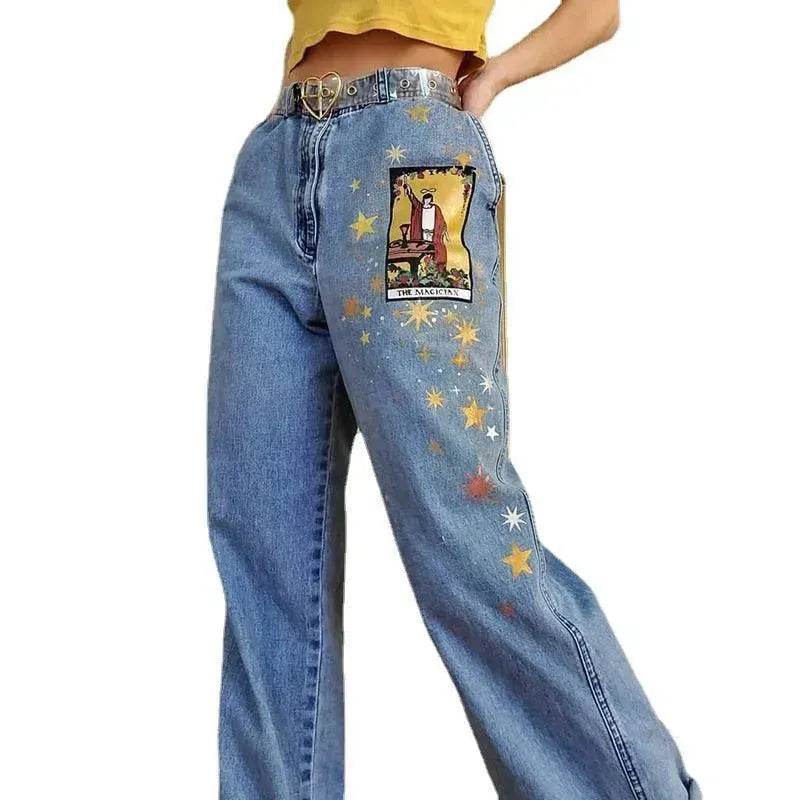 European And American Street Temperament Straight Loose Printed Denim Trousers Women - EX-STOCK Canada