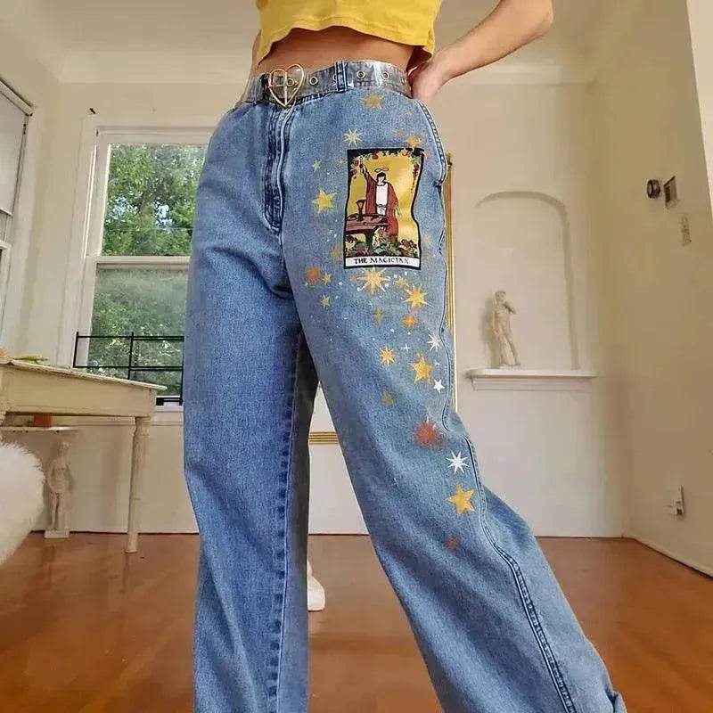 European And American Street Temperament Straight Loose Printed Denim Trousers Women - EX-STOCK Canada
