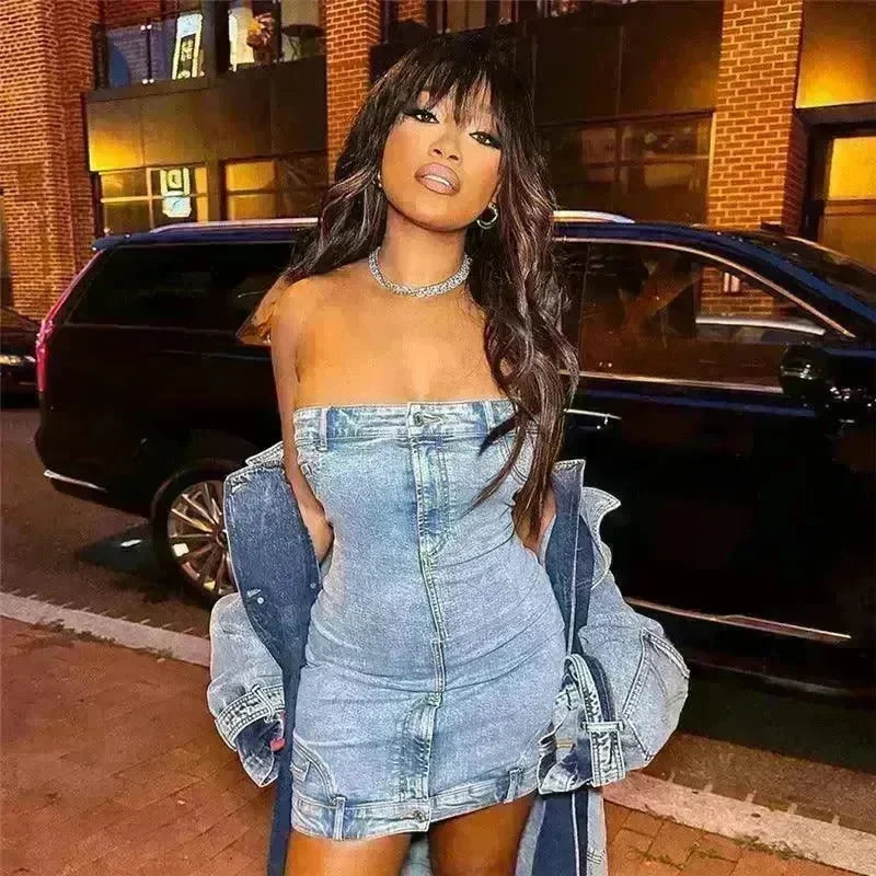 European And American Style Denim Tube Top Cinched Waist Slim And Sexy Hip Bag Dress - EX-STOCK CANADA