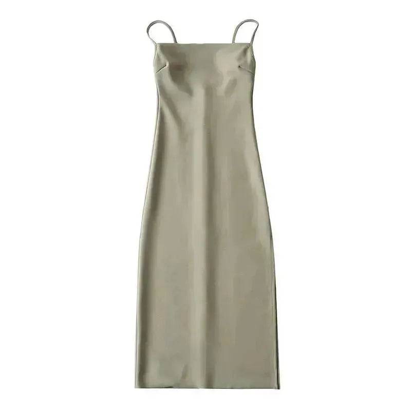 European And American Style Sold Color Sleeveless Midi Suspender Split Dress - EX-STOCK Canada