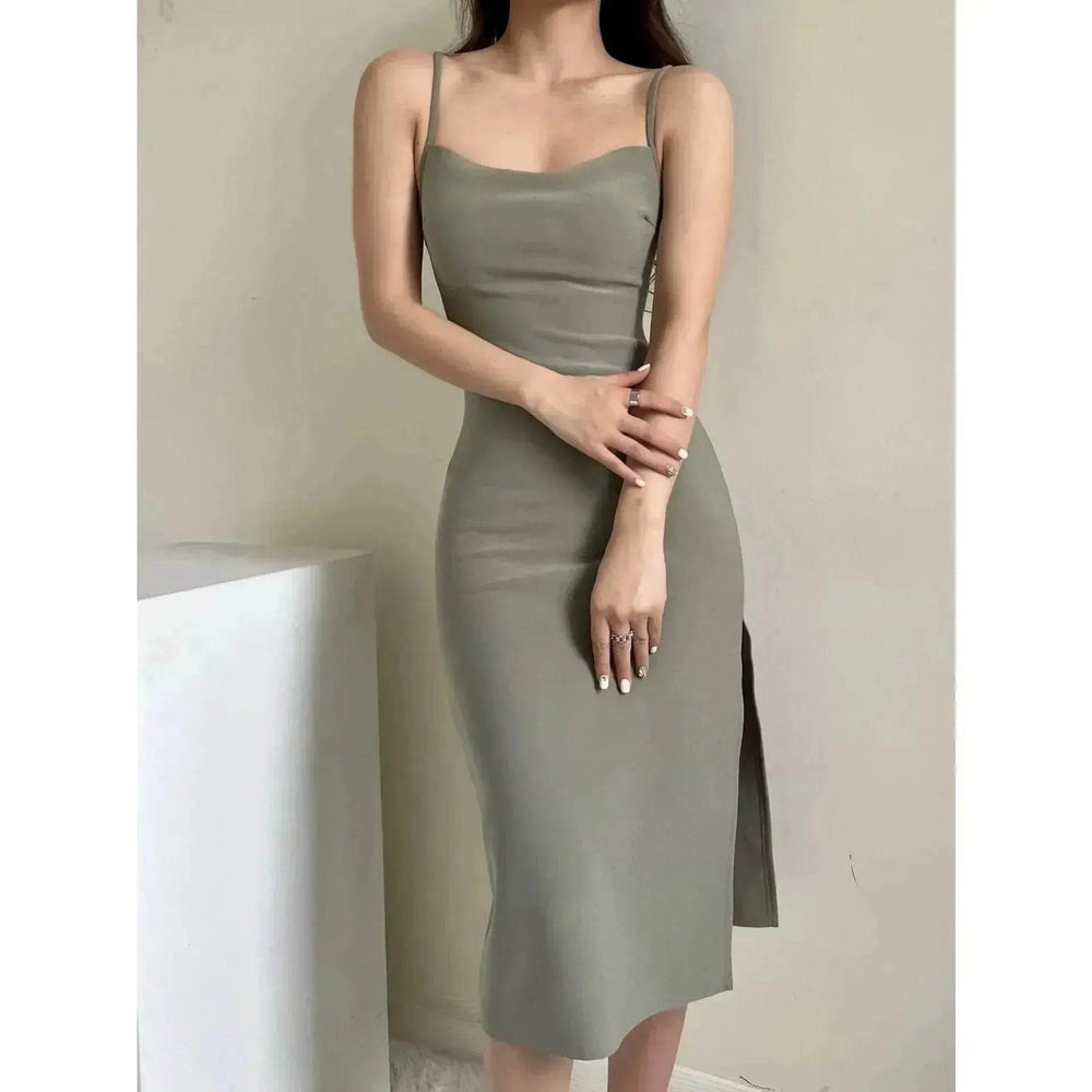 European And American Style Sold Color Sleeveless Midi Suspender Split Dress - EX-STOCK Canada