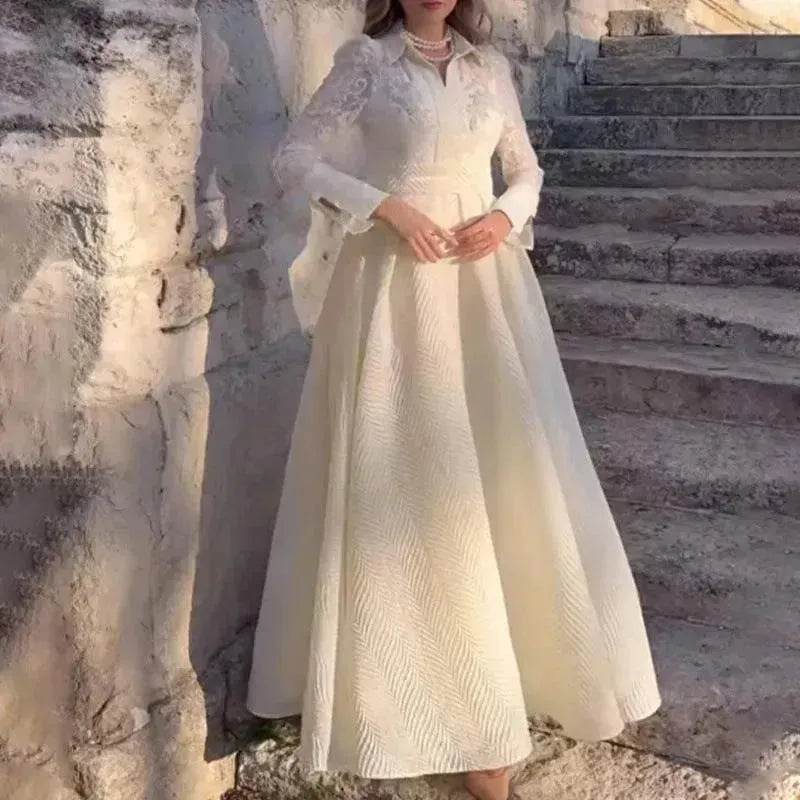 European And American White Front Chest Flower Beads Lace Yarn French Style Retro Long Sleeve Fashion Slim Dress - EX-STOCK Canada