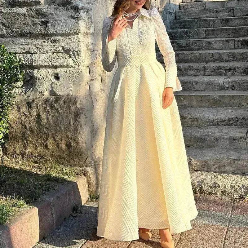 European And American White Front Chest Flower Beads Lace Yarn French Style Retro Long Sleeve Fashion Slim Dress - EX-STOCK Canada
