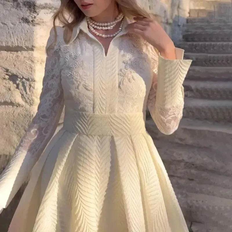European And American White Front Chest Flower Beads Lace Yarn French Style Retro Long Sleeve Fashion Slim Dress - EX-STOCK Canada