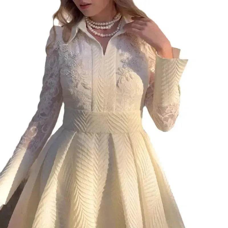 European And American White Front Chest Flower Beads Lace Yarn French Style Retro Long Sleeve Fashion Slim Dress - EX-STOCK Canada