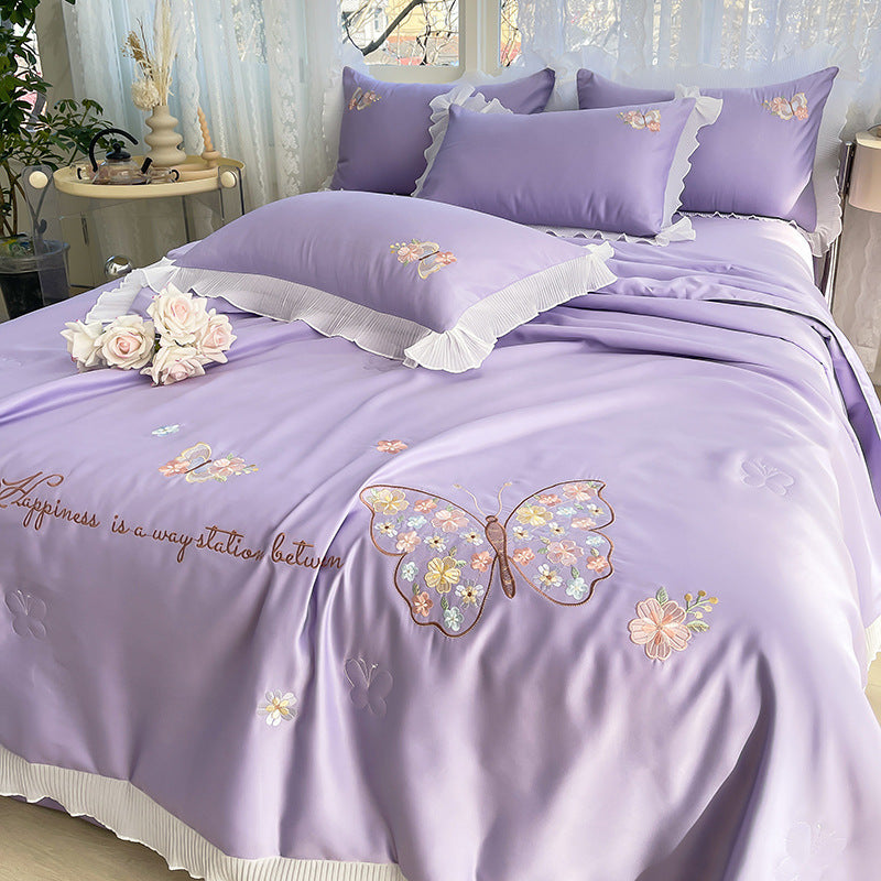 Korean Ice Silk Summer Quilt Four-piece Set Embroidery Lace Air Conditioning Cool Feeling Thin Duvet EX-STOCK Canada