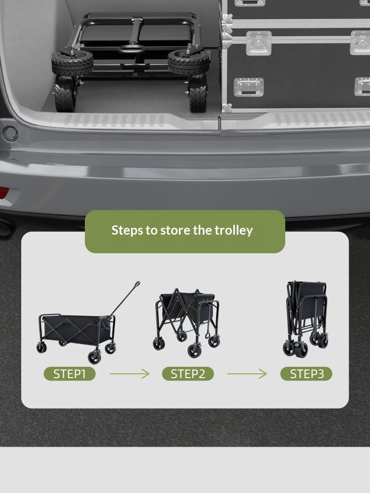 A black folding utility trolley shown inside an open car trunk, with an overlaid diagram labeled 'Steps to store the trolley' showing three folded positions labeled Step 1, Step 2, and Step 3.