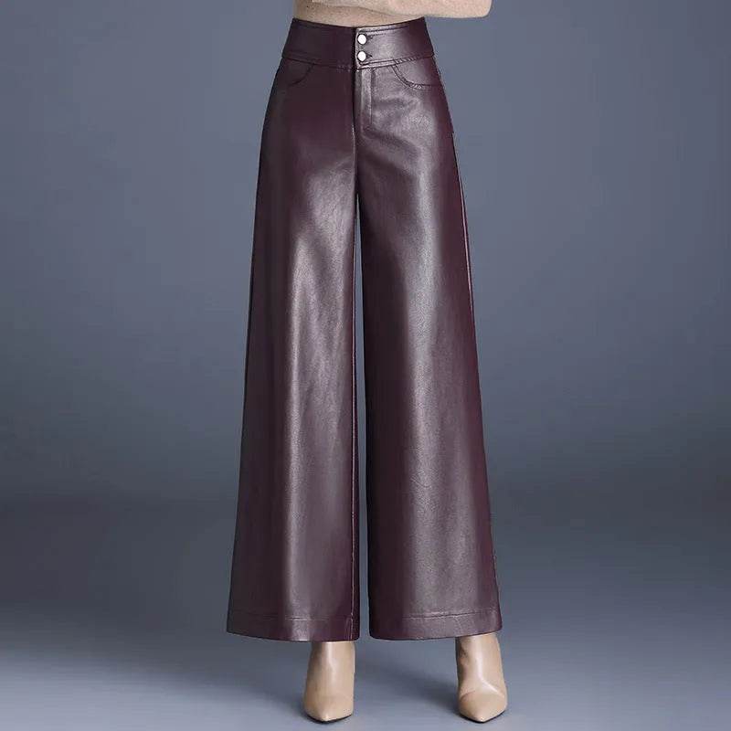 High Waist Thick Loose Big Leg Straight All-matching Wide Leg Leather trouser Pants For Women - EX-STOCK Canada