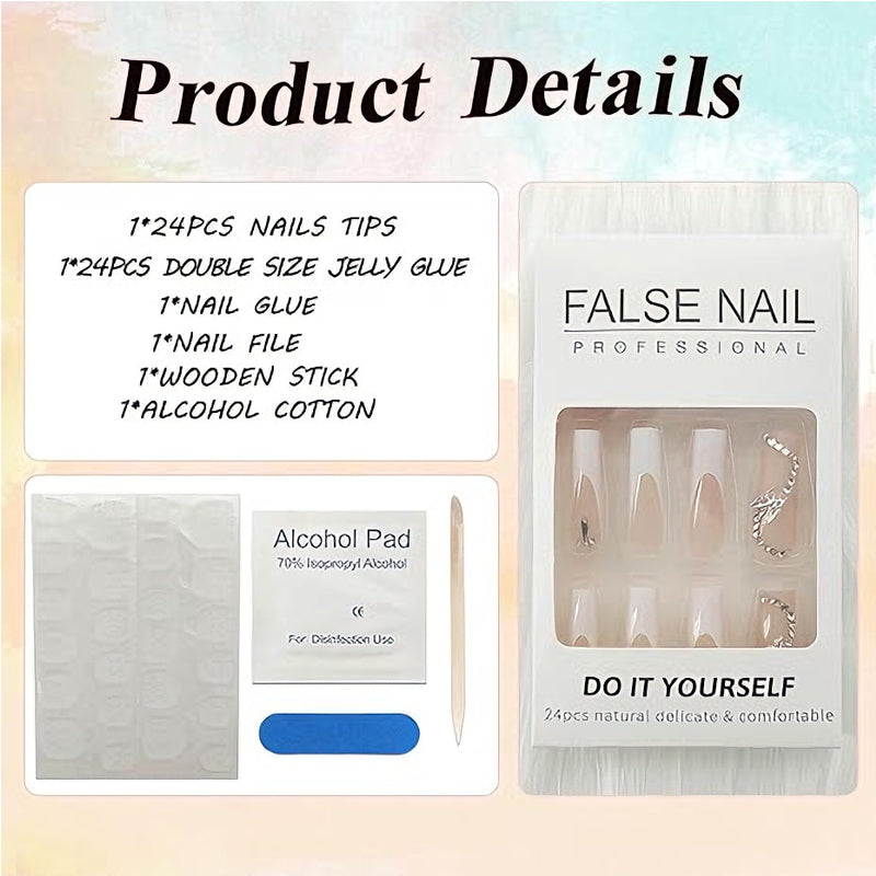 24 PCS White Flower Diamond Butterfly Nail Art, Long Length Long Water Pipe Fake Nails,Square Head Nail Tips False Nail EX-STOCK Canada