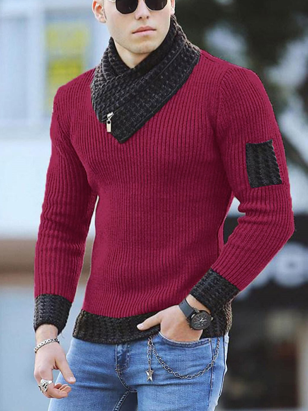 Independent Station Casual Slim Knit Pullover Long-sleeved Scarf Collar Sweater Men's EX-STOCK Canada