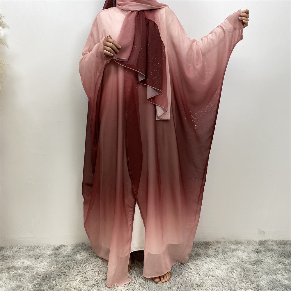 Middle East Muslim Chiffon Cardigan Gradient Batwing Sleeve With Headscarf Suit - EX-STOCK Canada