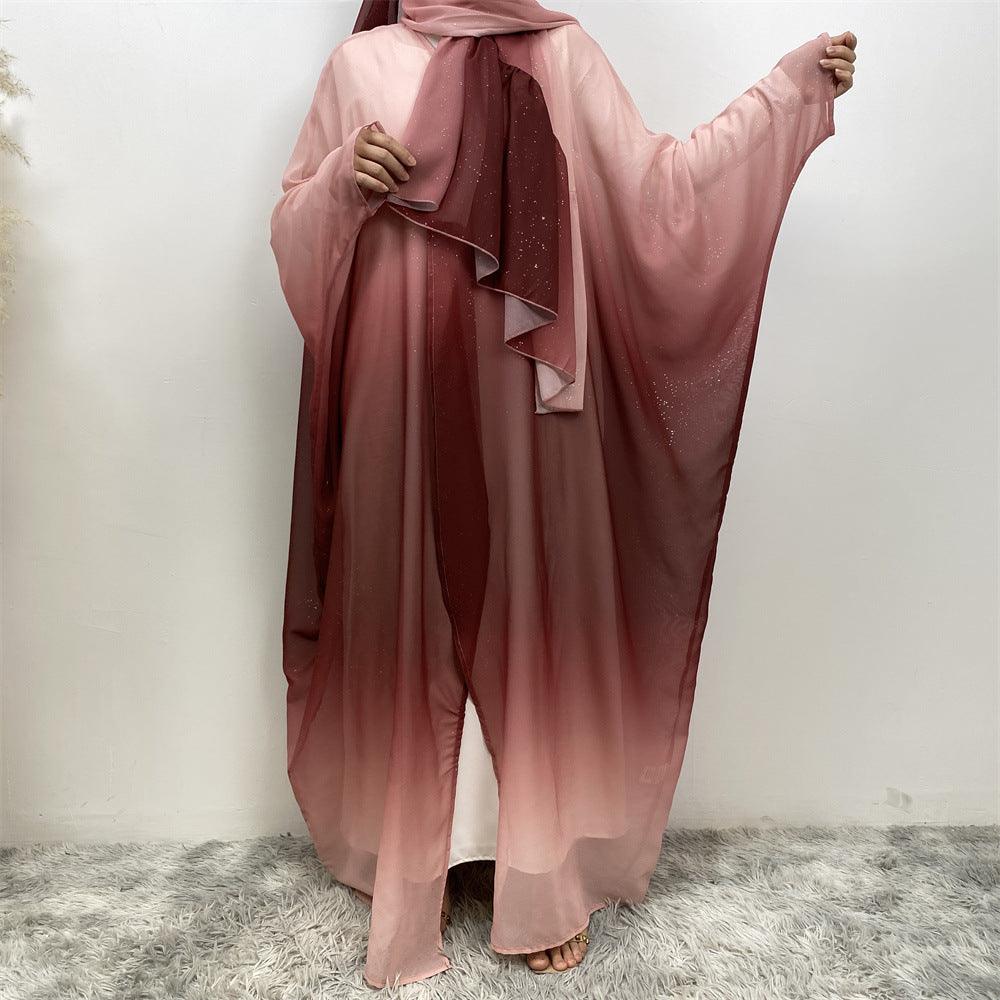 Nahost Muslimischer Chiffon-Cardigan mit Farbverlauf, Fledermausärmeln und Kopftuch-Anzug - EX-STOCK Canada