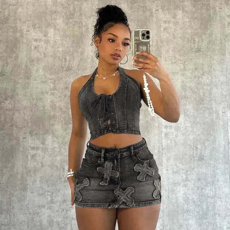 Chic Denim 2 piece Denim Skirt set Jean 2 piece set for Women Sleeveless crop top and Skirt - EX-STOCK Canada