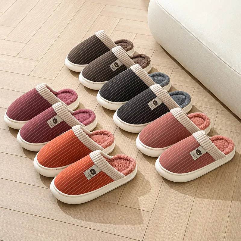 Solid Striped Plush Slippers Winter Warm Bear Fleece Shoes House Indoor Bedroom Floor Thick-soled Home Slipper For Women Men Couple - EX-STOCK Canada