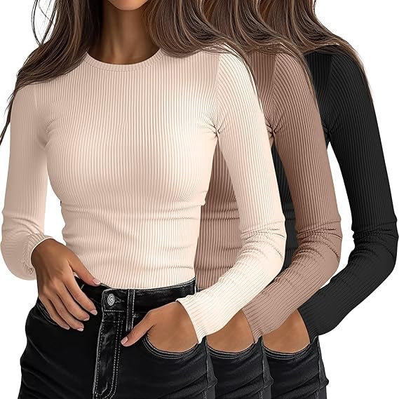 Two ribbed long-sleeve shirts in beige and black on a white background