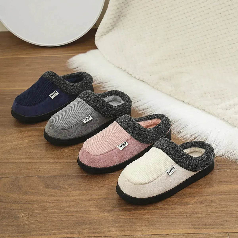 Fashion Solid Striped Cotton Slippers Winter Warm Indoor Bedroom Floor Slipper For Couples Non-slip Thick Sole House Shoes - EX-STOCK Canada