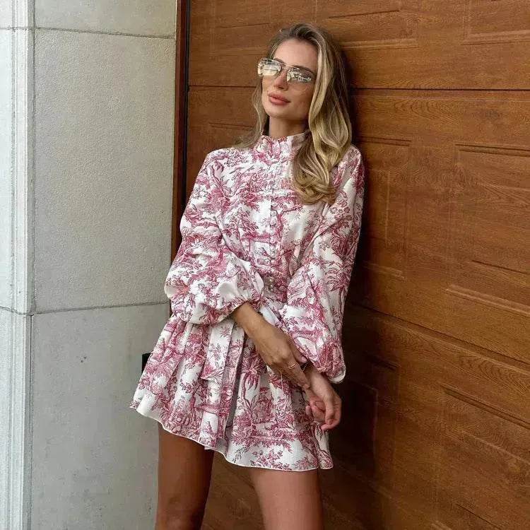 Ink Print Long Sleeve Floral Short Mini Skater Dress With Fashion Puffy Sleeve Lapel Tie A-Line Dress Clothing - EX-STOCK Canada