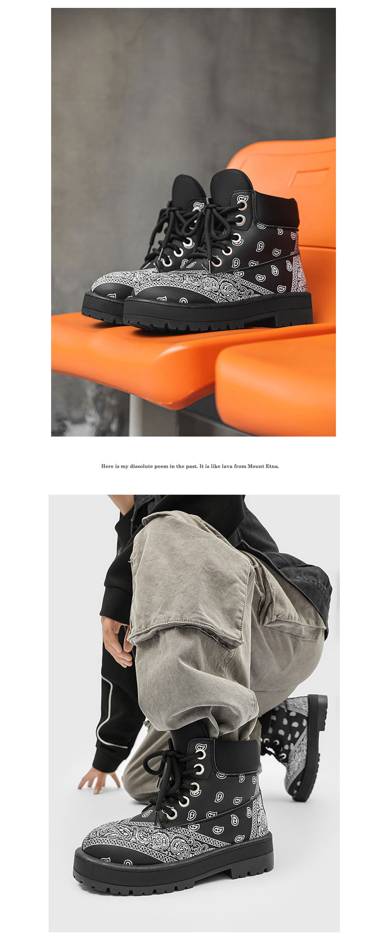 A pair of black and gray polka-dot lace-up boots shown in two views: one on an orange bench against a gray wall, and another worn with gray cargo pants against a light gray studio background.