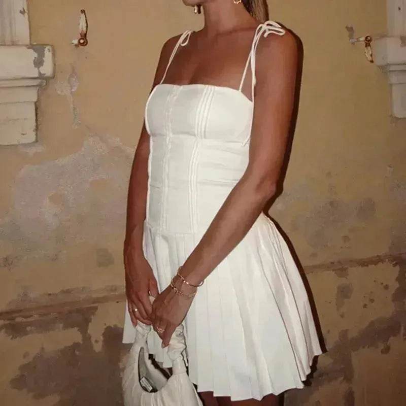 Summer Strappy Suspender Corset Dress French Style Slim Single Breasted Bodycon Pleated Skirt Party Dresses For Women Mini Skater White Dress for Chic Ladies - EX-STOCK Canada