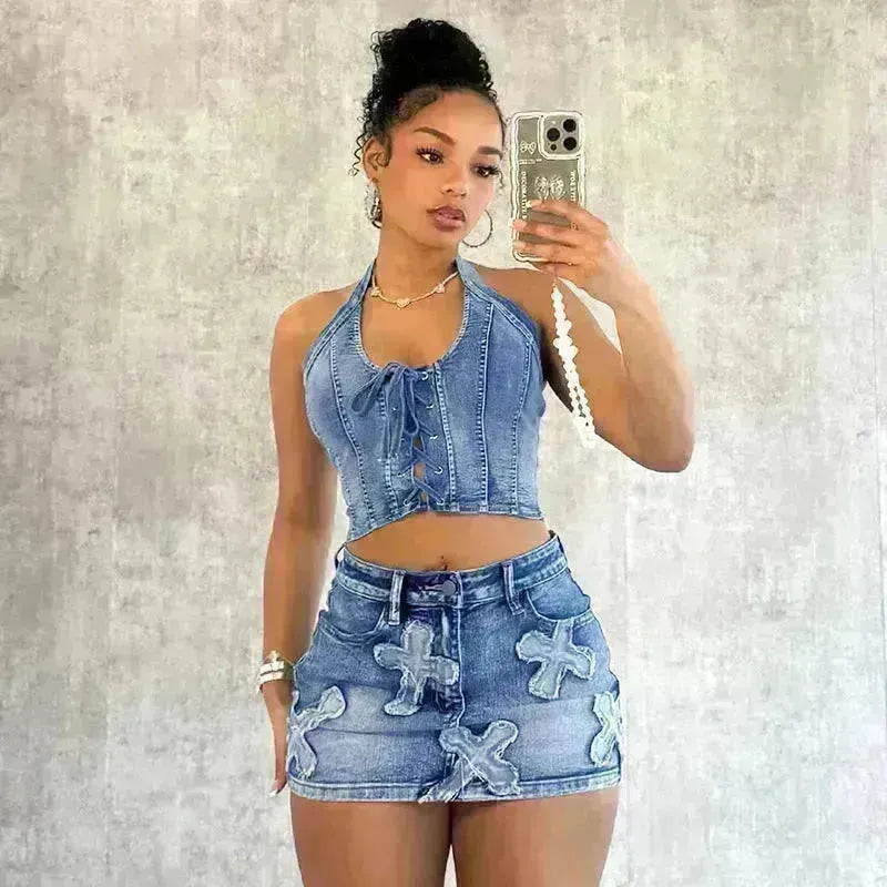 Ensemble de jupe en jean de jean de jean chic 2
