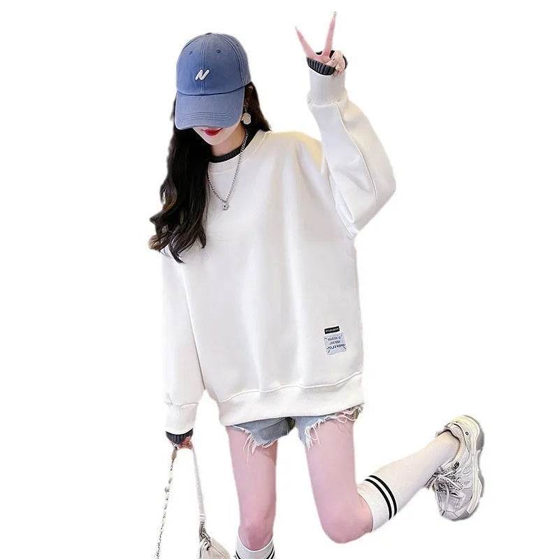 Women Round-neck With Fleece Lining Thick Fake Two Pieces Long Sleeve Loose Hoodie Sweatshirt - EX-STOCK Canada
