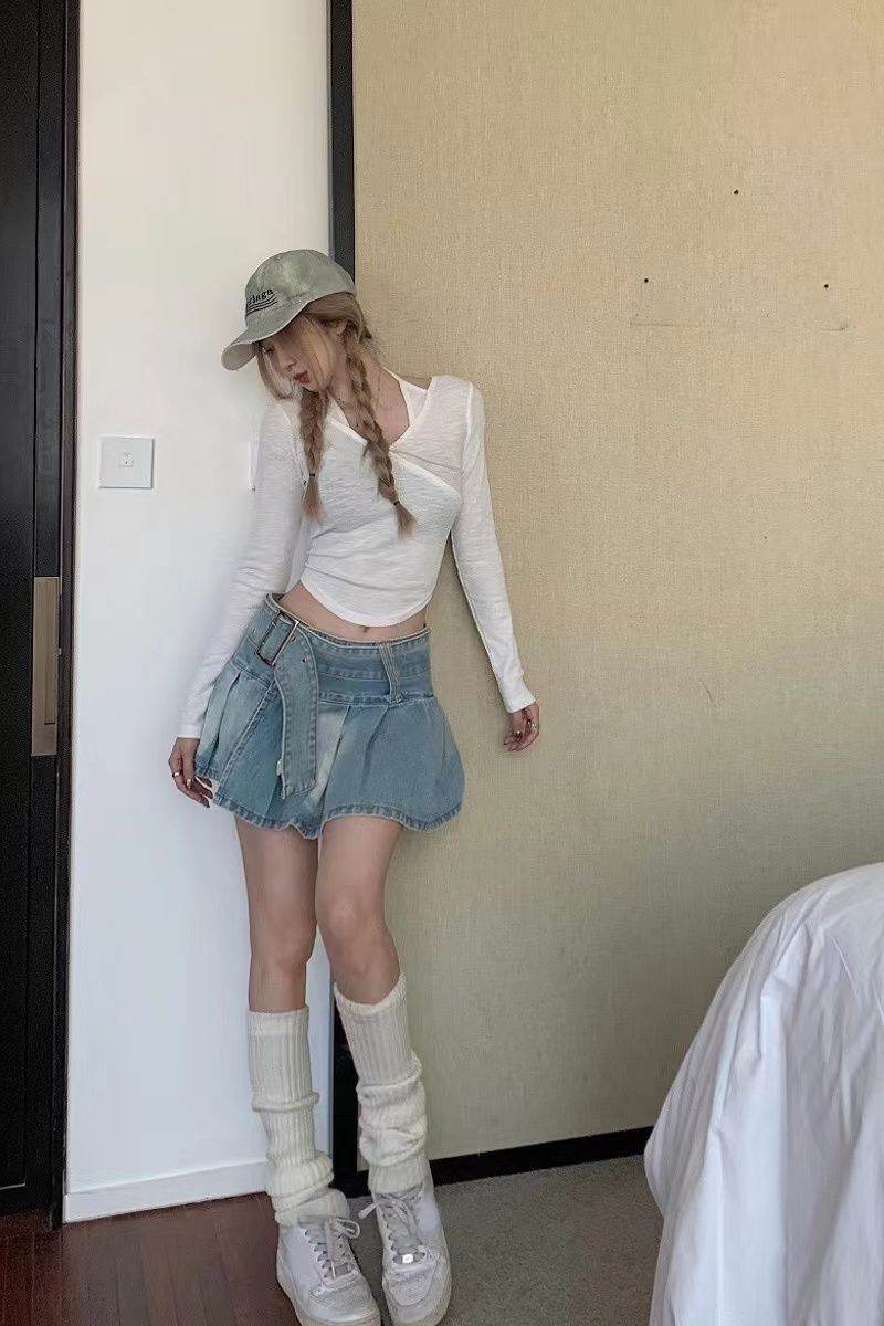 High Waist Slimming Denim Pleated Mini Skirt - EX-STOCK Canada