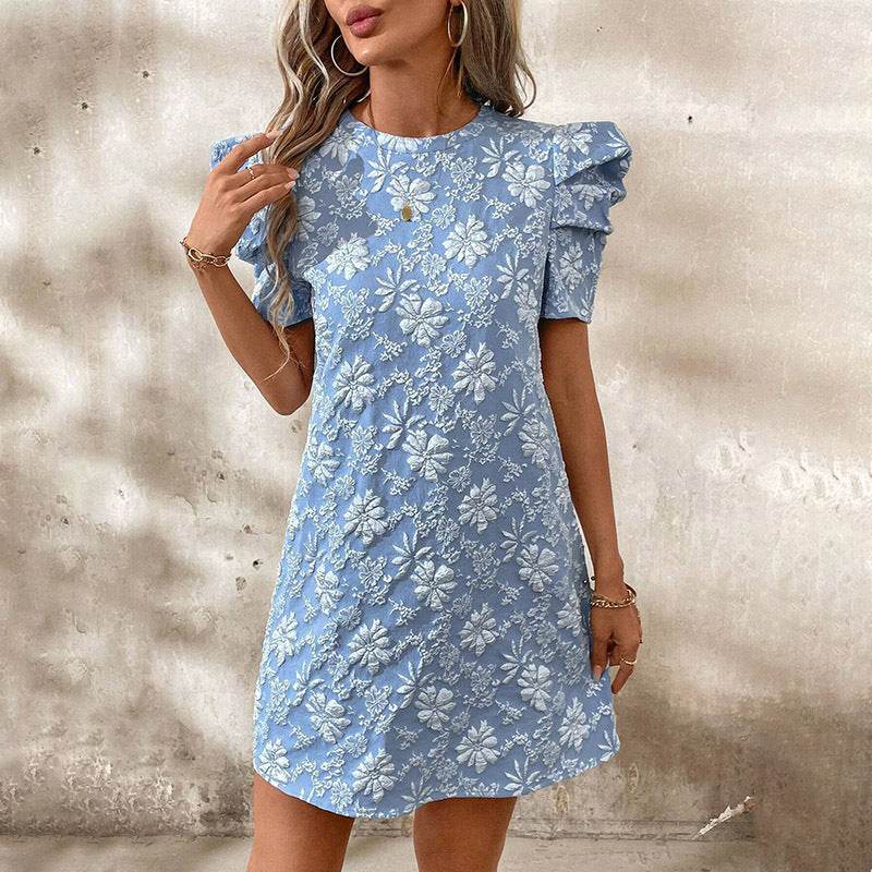 Women's Summer Mini Dress Short Sleeve Floral Jacquard Puff Sleeve Crew Neck Dress - EX-STOCK Canada