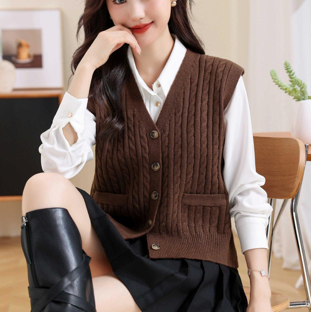 Gilet tricoté torsadé à col en V pour femmesEX-STOCK Canada
