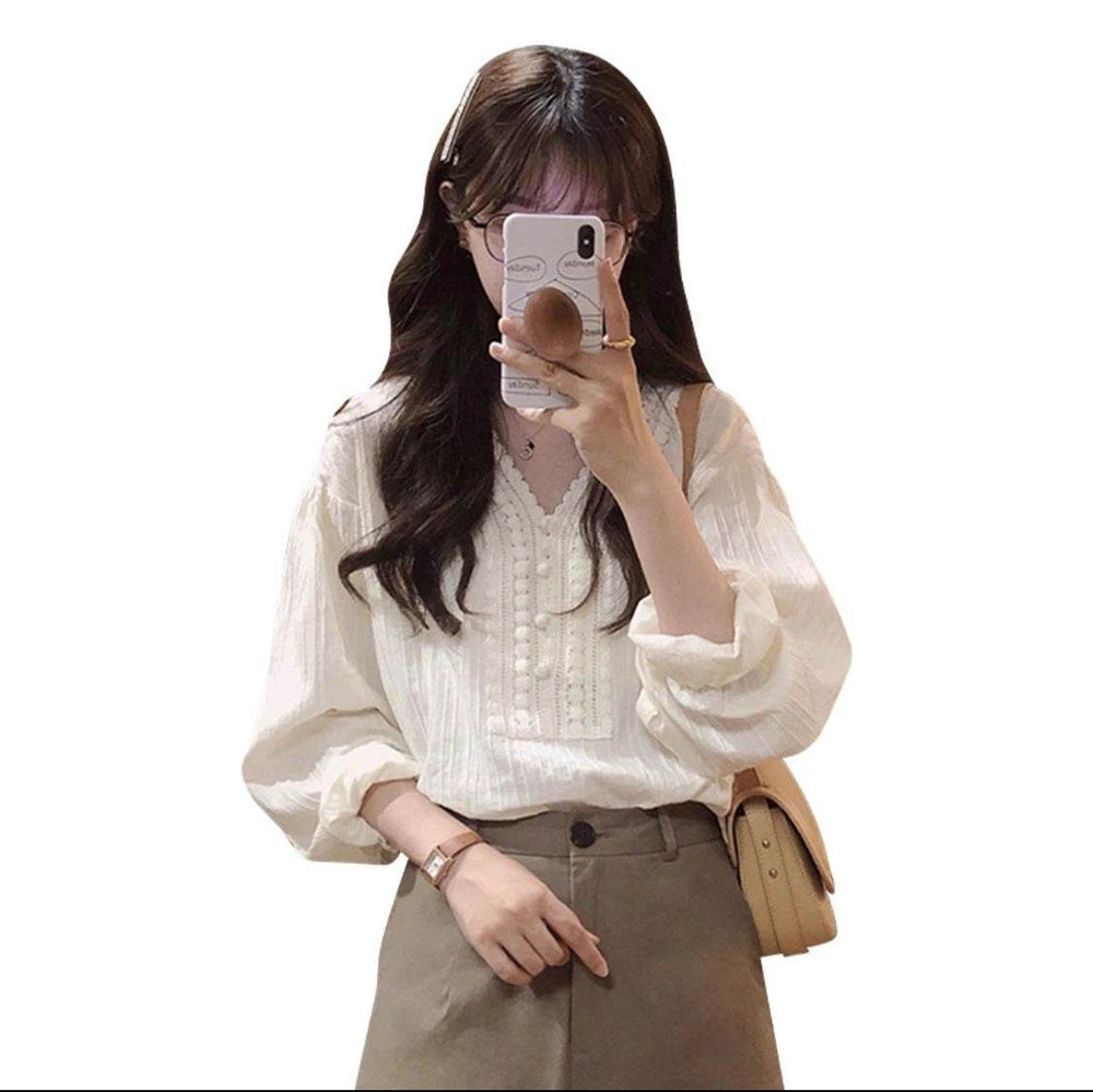 Unique Chic V-neck Long-sleeved Linen blouse top women - EX-STOCK Canada