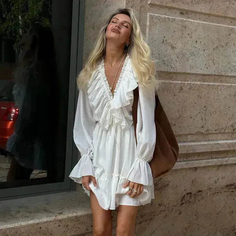 Casual Fashion V Neck Pleated Ruffle Long Sleeve Dress Y2K V Neck Flared Sleeve Short Mini Skater Dress Women's Clothing - EX-STOCK Canada