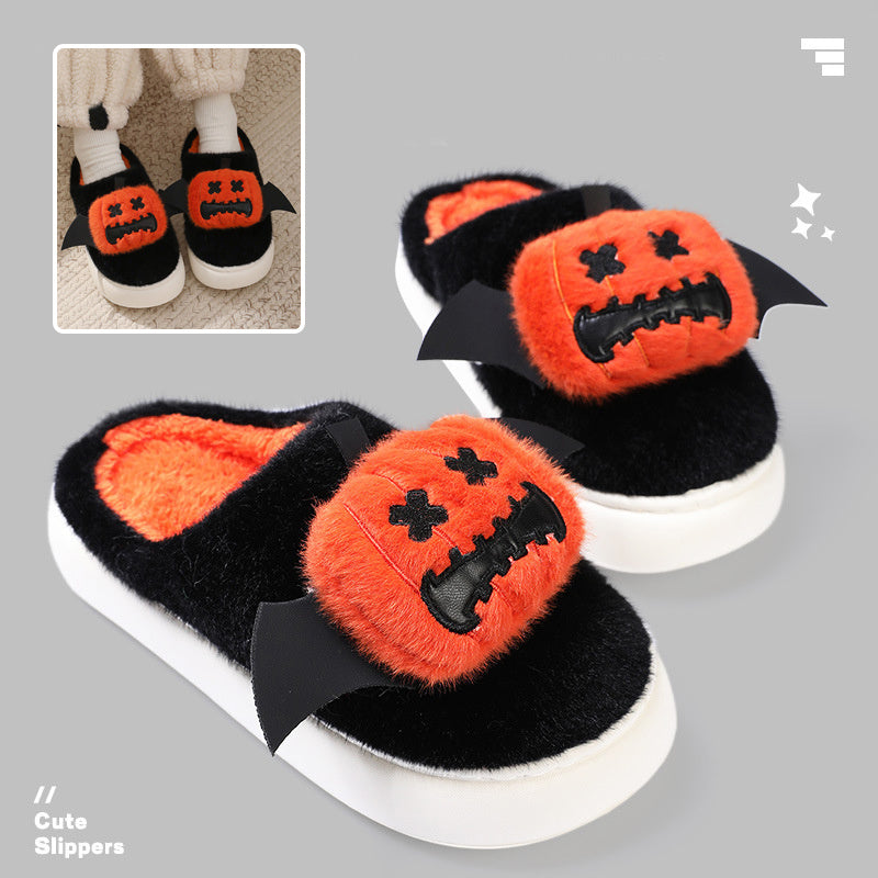 Halloween Cartoon Funny Pumpkin Slippers With Small Wings Design Indoor Non-slip Bedroom Floor Cotton Slipper Winter House Shoes Couple EX-STOCK