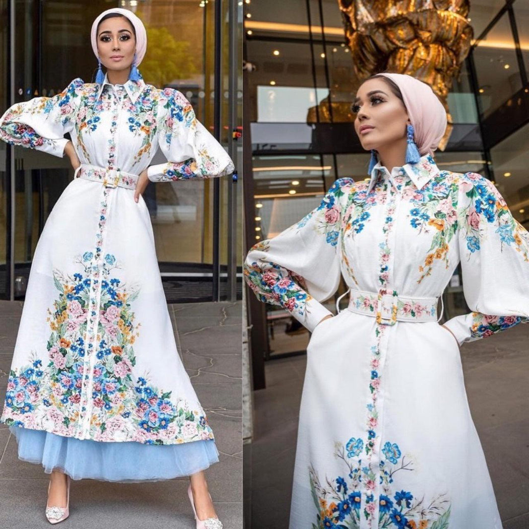 Vestito lungo con maniche a sbuffo alla moda, bavero, stampa digitale araba per donna, vita media - EX-STOCK Canada
