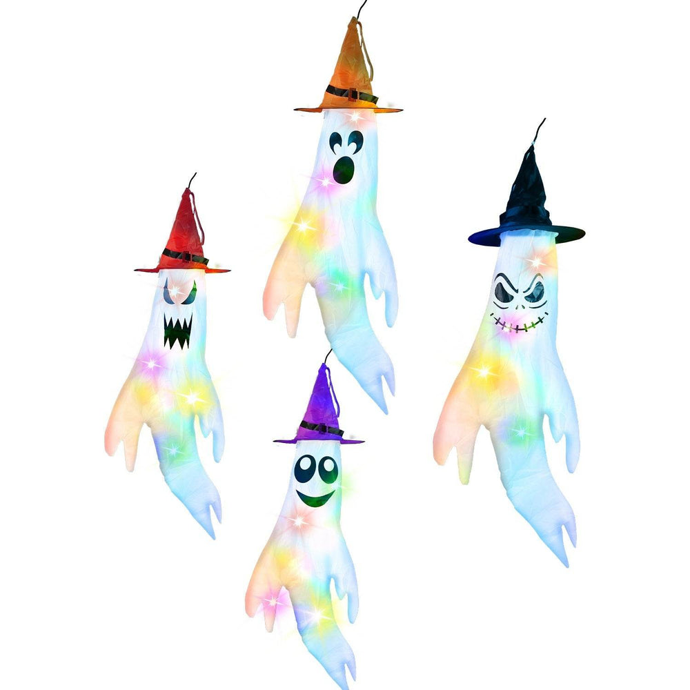4Pcs Per Set Halloween Ghosts With Witch Hats Windsocks Hanging Decoration With Colorful LED Light Outdoor Flag Wind Socks Halloween Party Decoration For Yard Garden Tree - EX-STOCK Canada