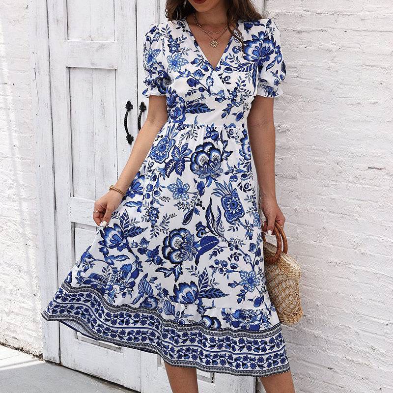 Puff Sleeve dress V Neck Blue Floral Bohemian Midi Dress - EX-STOCK Canada
