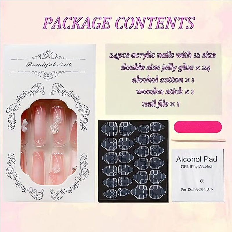 24 pezzi Nail Art Fiore Perla Planet, Unghie Finte Lunghe con Tubo d'Acqua, Unghie Finte con Testa QuadrataEX-STOCK Canada