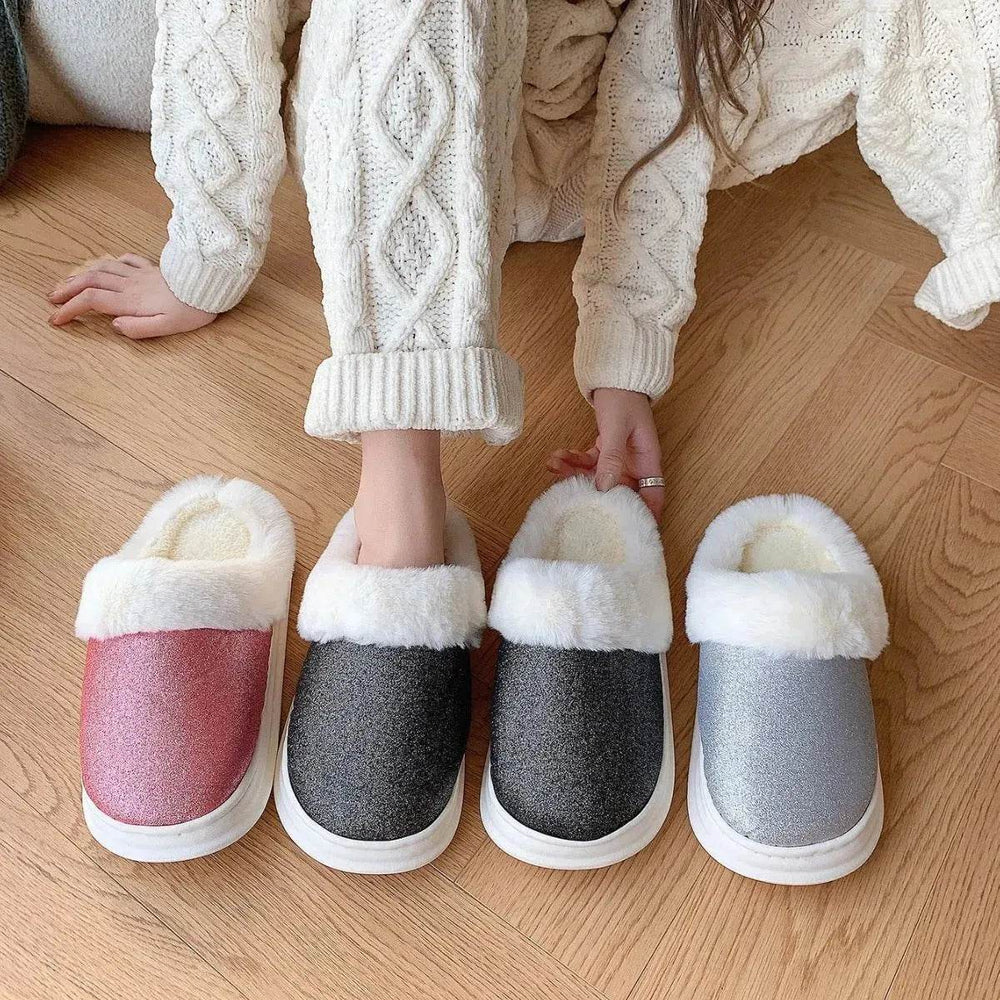 Fashion Frosted Sequined Plush Slippers Winter Warm Home Indoor Non-slip Bedroom Floor Fuzzy Slipper For Couple Women House Shoes - EX-STOCK Canada