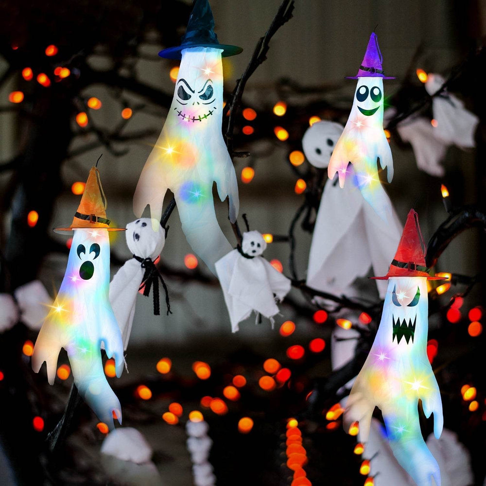 4Pcs Per Set Halloween Ghosts With Witch Hats Windsocks Hanging Decoration With Colorful LED Light Outdoor Flag Wind Socks Halloween Party Decoration For Yard Garden Tree - EX-STOCK Canada