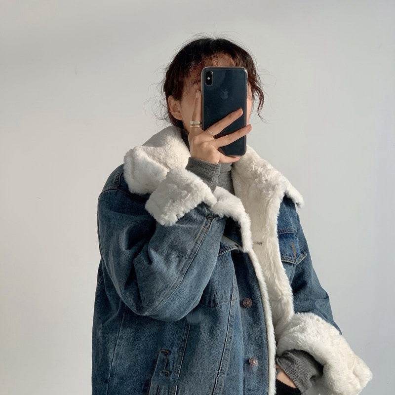 Plush Thick Lamb Wool Denim Jacket Women Short EX-STOCK Canada