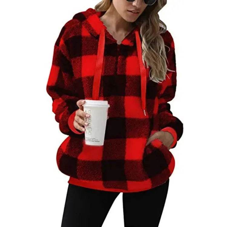 Casual Thick Fleece Plush half zip Plaid Hoodie Pullover top for women - EX-STOCK Canada