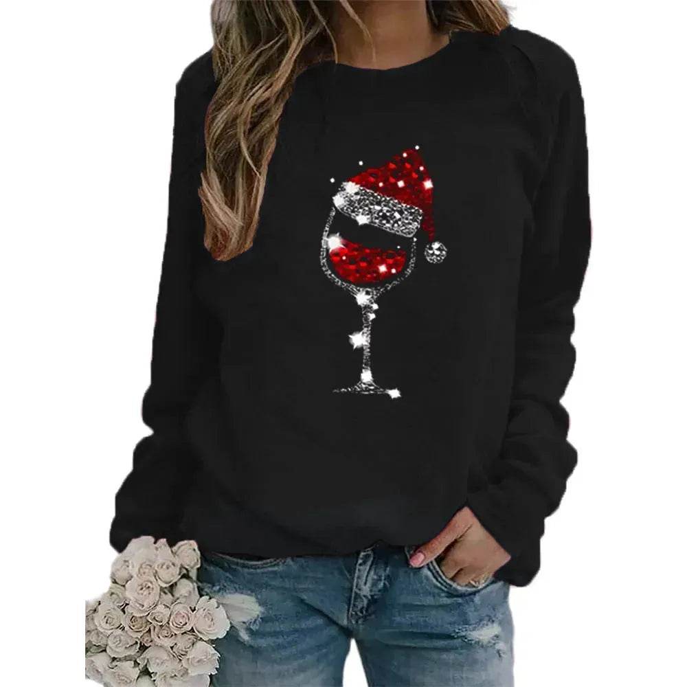 Clothing Christmas Women's Sweater Christmas Hat Red Wine Glass Graphic Print Crew Neck Long-sleeved Sweater - EX-STOCK Canada